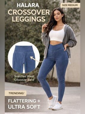 Halara High Waisted Crossover Leggings Blue Full Length Size M NWT